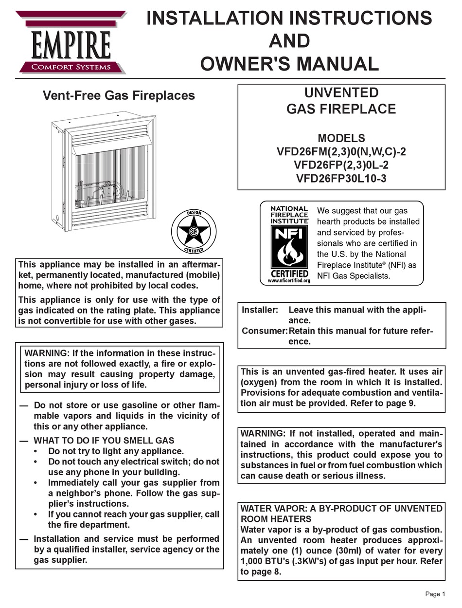 EMPIRE COMFORT SYSTEMS VFD26FM20N2 INSTALLATION INSTRUCTIONS AND OWNER
