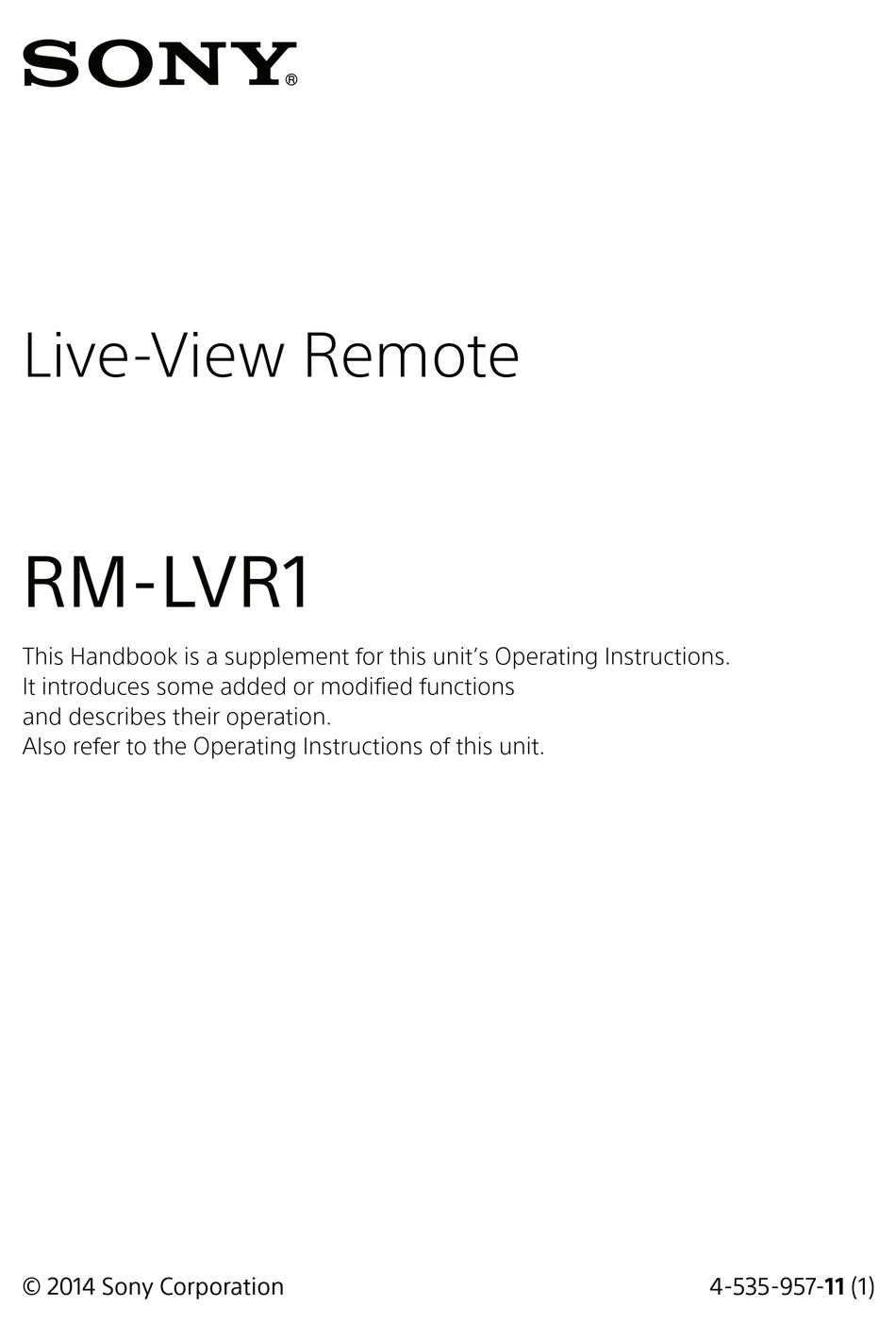 SONY LIVE-VIEW REMOTE RM-LVR1 HANDBOOK Pdf Download | ManualsLib