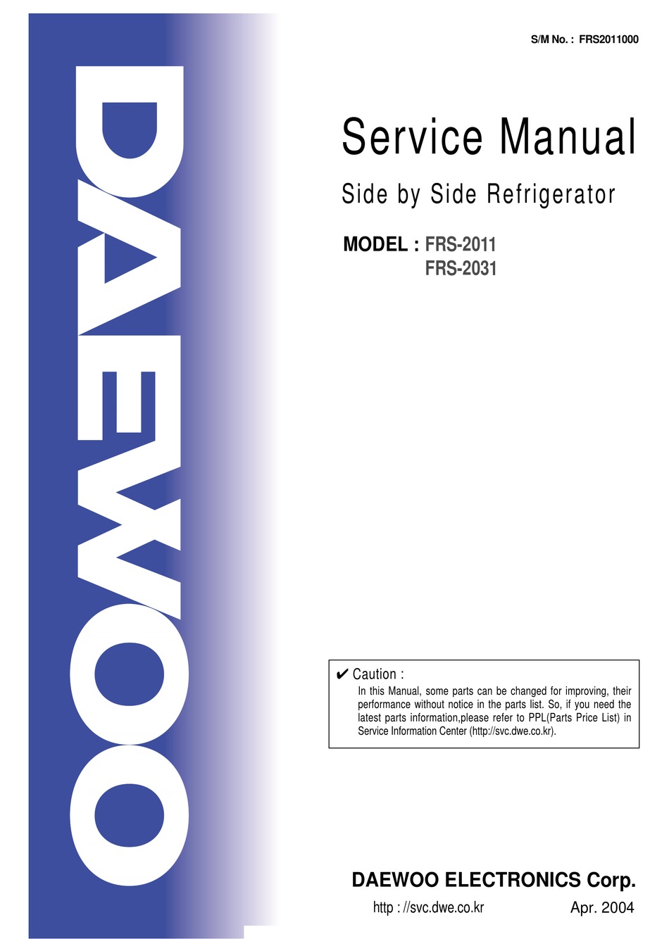 Daewoo Frs 2011 Service Manual Pdf Download Manualslib