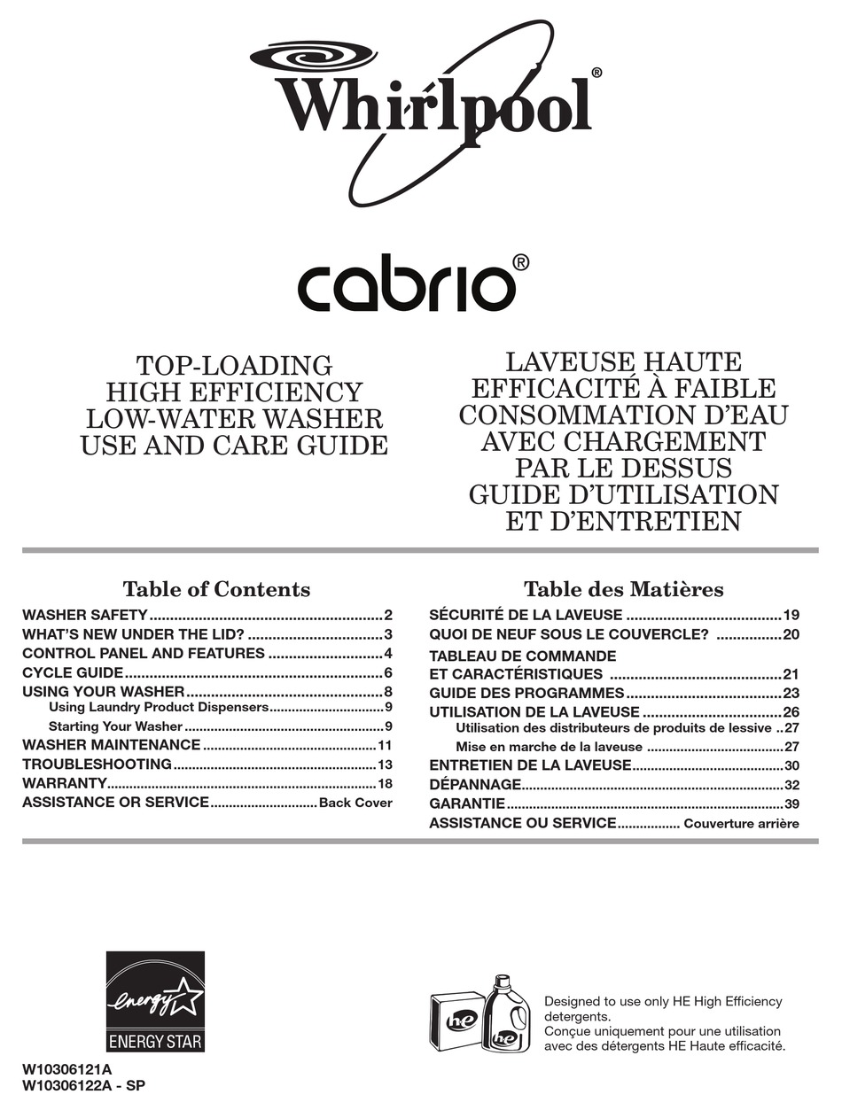 WHIRLPOOL CABRIO USE AND CARE MANUAL Pdf Download | ManualsLib