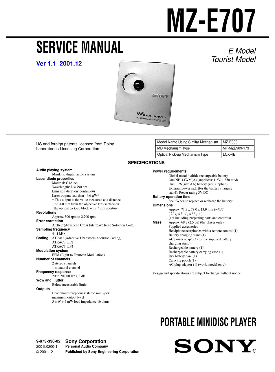 SONY MZ-E707 SERVICE MANUAL Pdf Download | ManualsLib