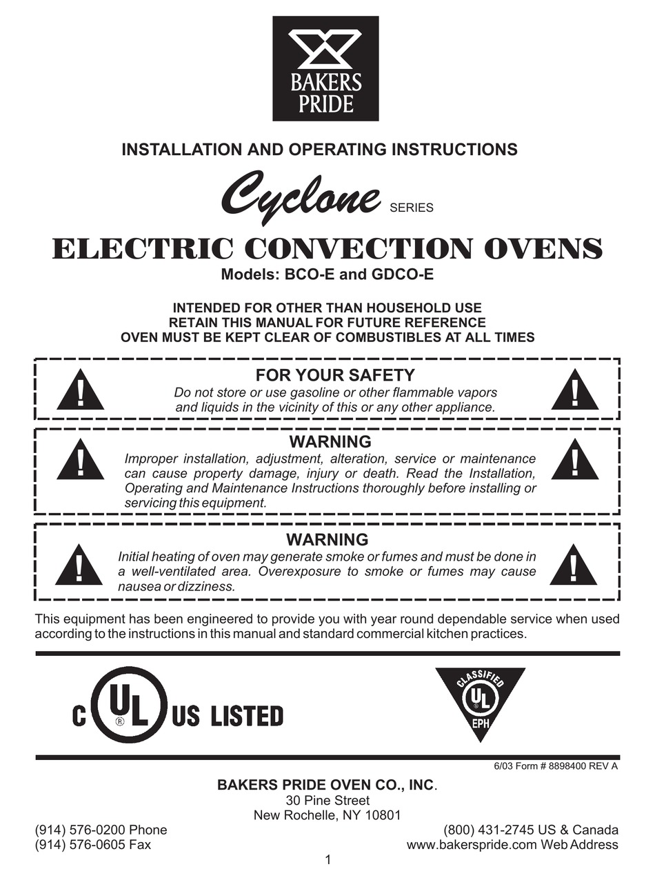 BAKERS PRIDE BCO-E INSTALLATION AND OPERATING INSTRUCTIONS MANUAL Pdf ...