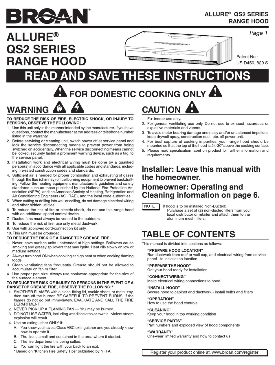 BROAN ALLURE QS2 SERIES INSTRUCTIONS MANUAL Pdf Download ManualsLib