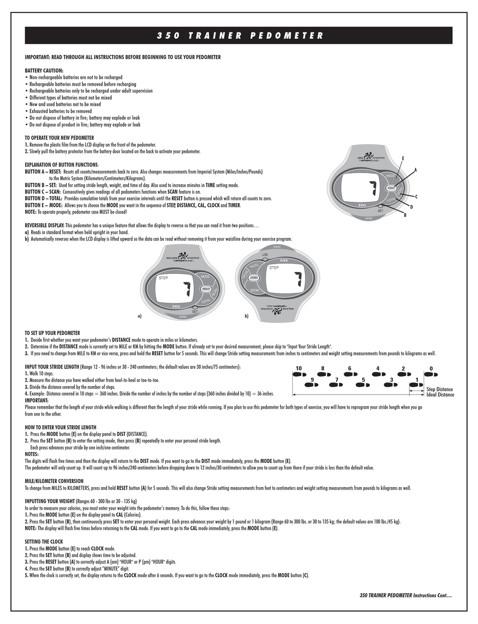 SPORTLINE WALKING ADVANTAGE 350 INSTRUCTION MANUAL Pdf Download