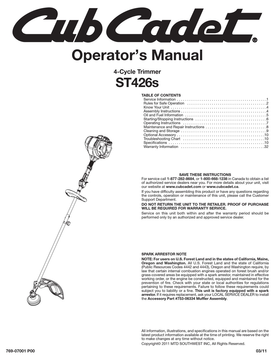 Starting/Stopping Instructions - Cub Cadet ST426s Operator's Manual [Page  6]
