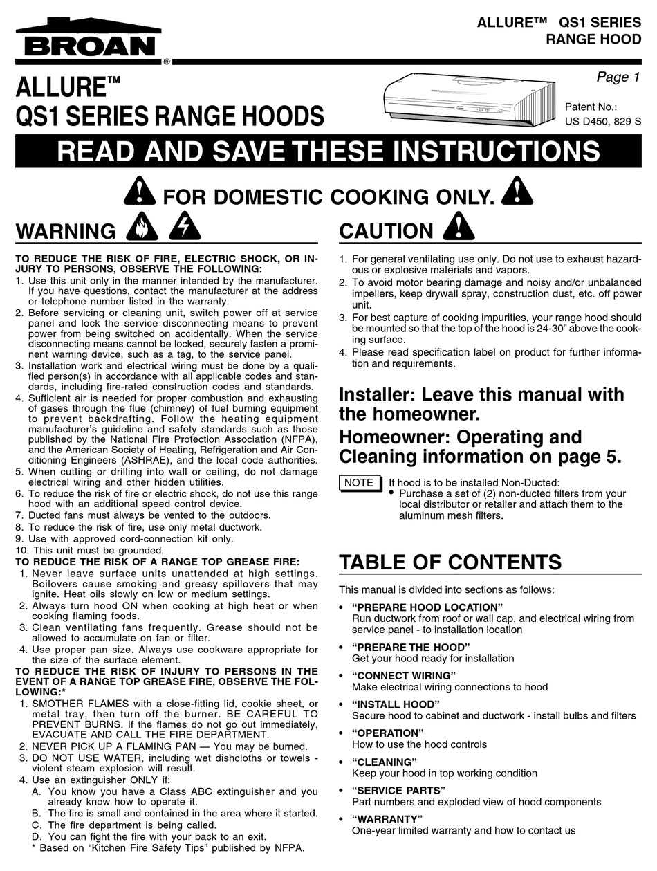 BROAN ALLURE QS1 SERIES INSTRUCTIONS MANUAL Pdf Download ManualsLib