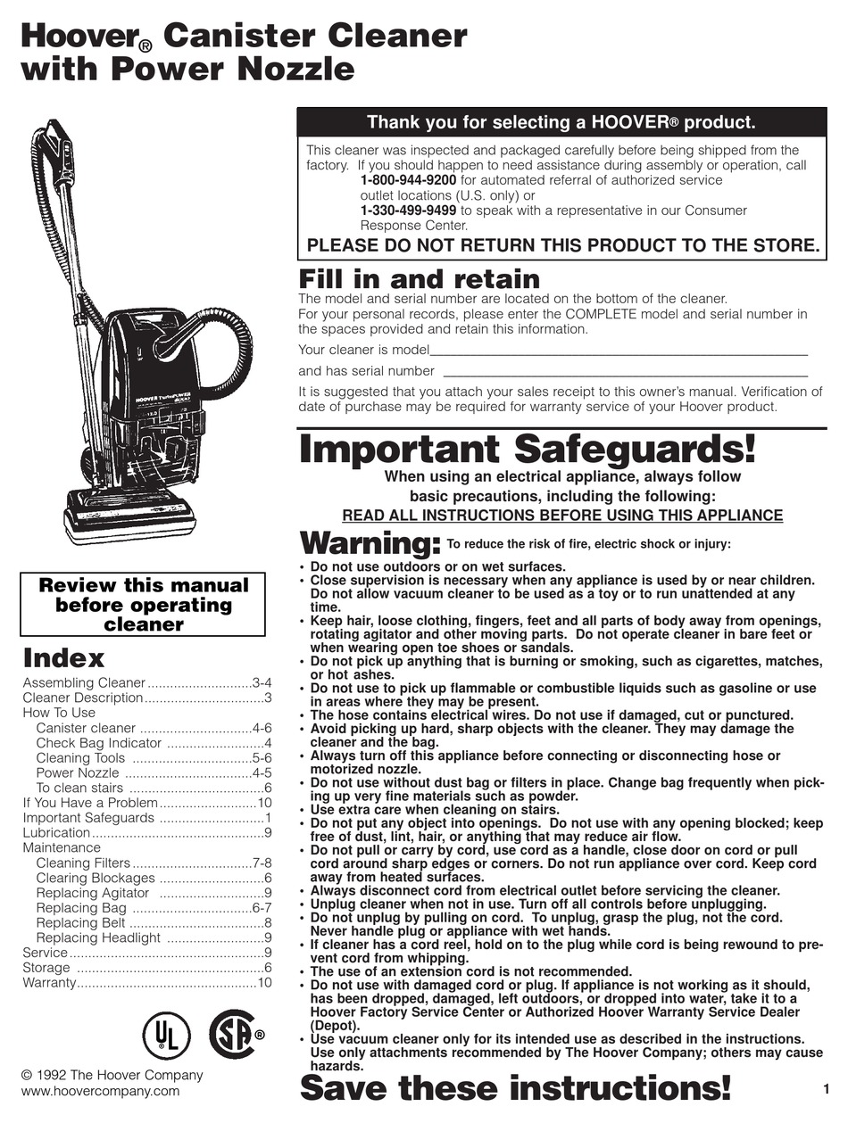 HOOVER CANISTER CLEANER USER MANUAL Pdf Download ManualsLib
