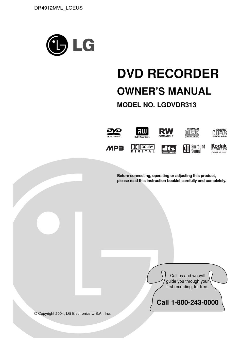 LG LGDVDR313 OWNER'S MANUAL Pdf Download | ManualsLib