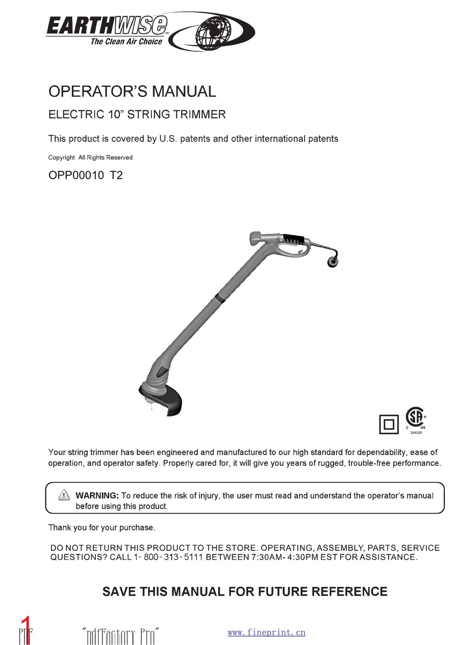 EARTHWISE OPP00010 T2 OPERATOR'S MANUAL Pdf Download ManualsLib