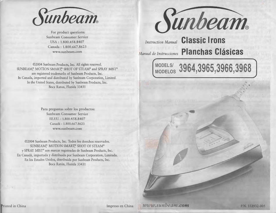 SUNBEAM 3964 INSTRUCTION MANUAL Pdf Download ManualsLib