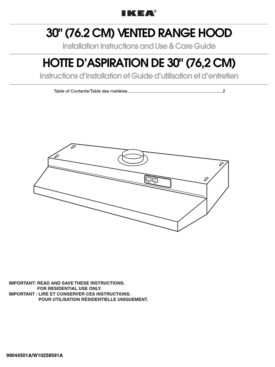IKEA VENTED RANGE HOOD INSTALLATION INSTRUCTIONS AND USE & CARE MANUAL