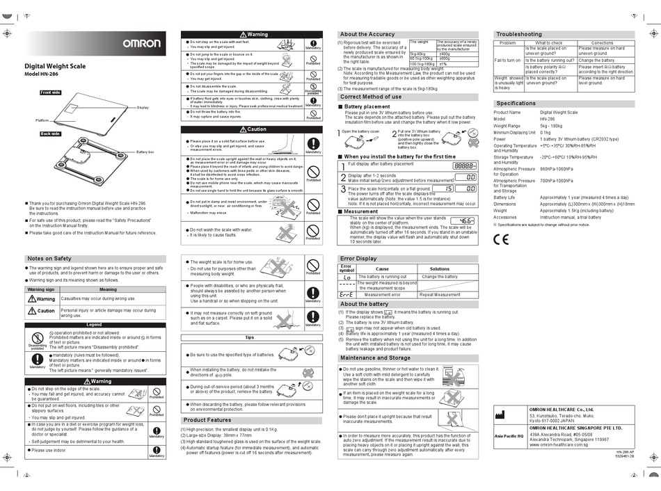 Omron Hn 286 Quick Manual Pdf Download Manualslib