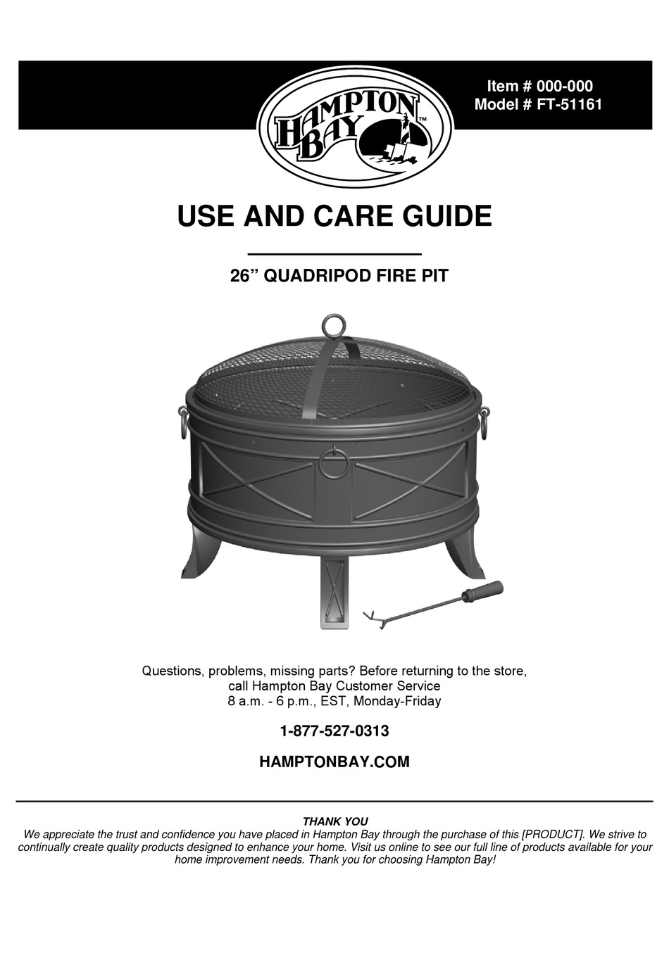 Hampton Bay Ft 51161 Use And Care, Hampton Bay Quadripod Fire Pit