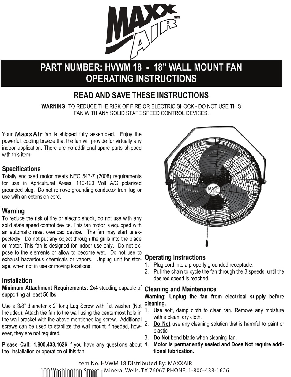 MAXX AIR HVWM 18 OPERATING INSTRUCTIONS 