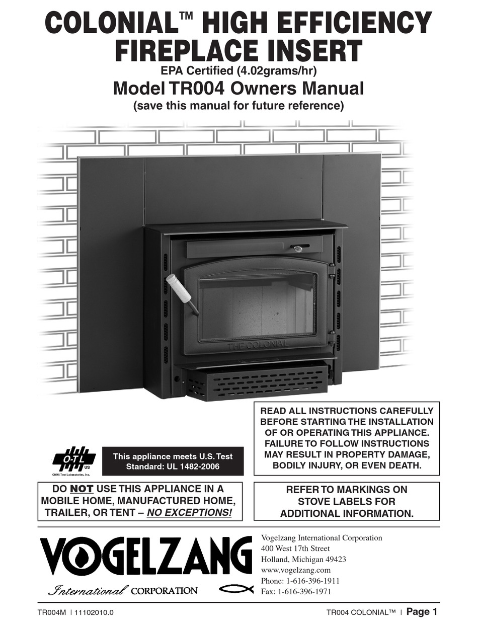 VOGELZANG INTERNATIONAL COLONIAL TR004 OWNER'S MANUAL Pdf Download |  ManualsLib