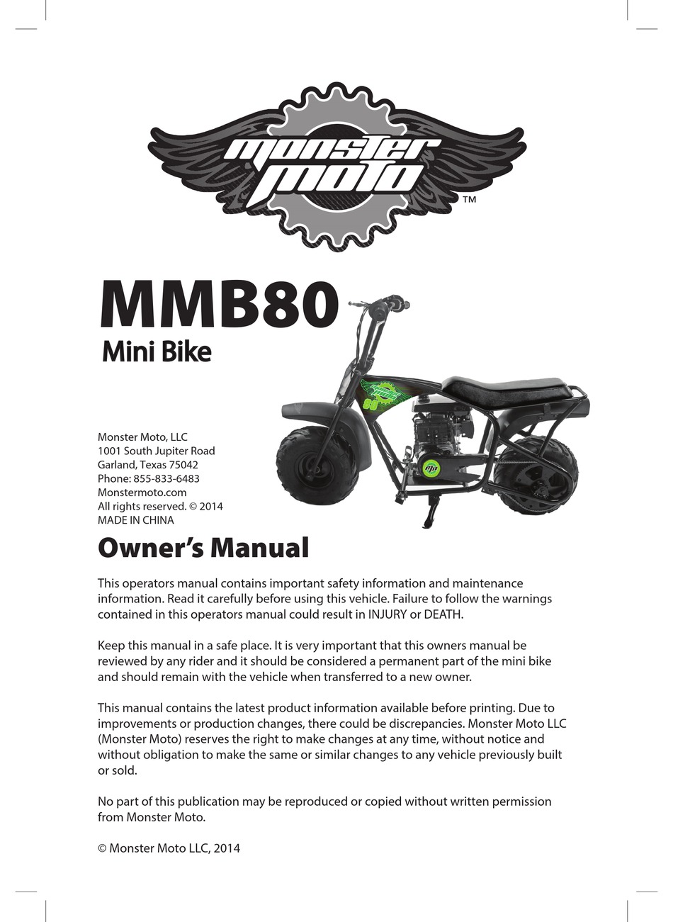 MONSTER MOTO MMB80 OWNER'S MANUAL Pdf Download ManualsLib