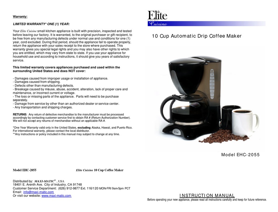 Elite Ehc 2055 Instruction Manual Pdf Download Manualslib