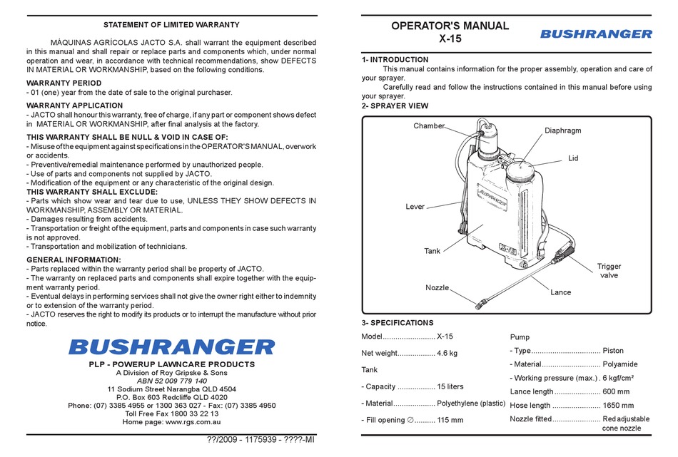 BUSHRANGER X15 OPERATOR'S MANUAL Pdf Download ManualsLib