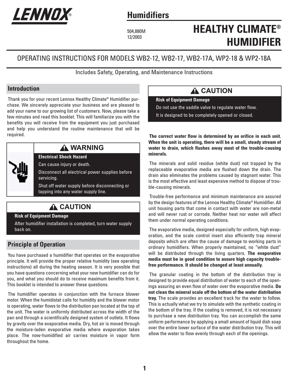 LENNOX HEALTHY CLIMATE WB212 OPERATING INSTRUCTIONS Pdf Download