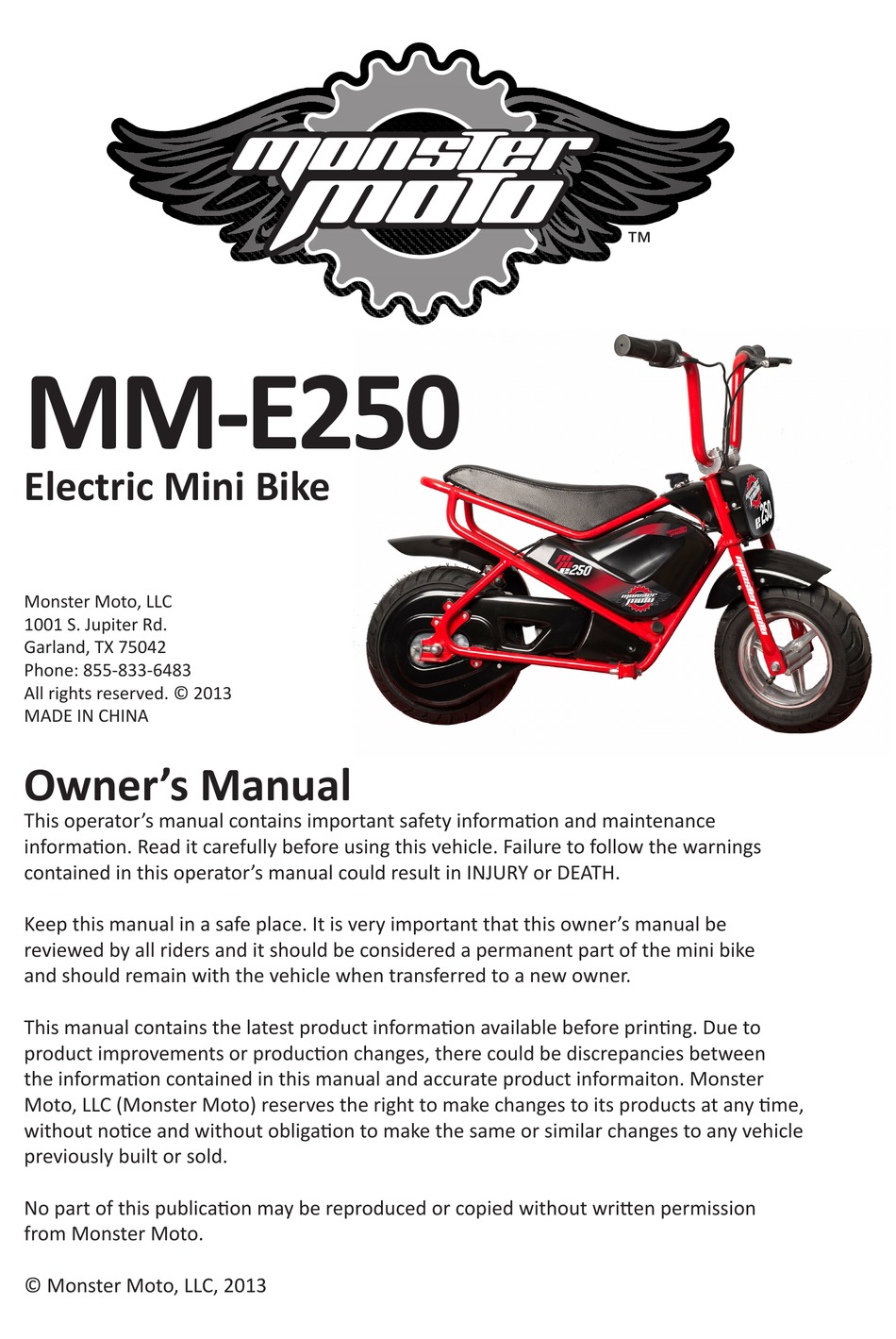 MONSTER MOTO MME250 OWNER'S MANUAL Pdf Download ManualsLib