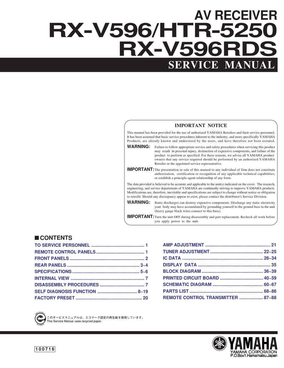 YAMAHA RX-V596 SERVICE MANUAL Pdf Download | ManualsLib