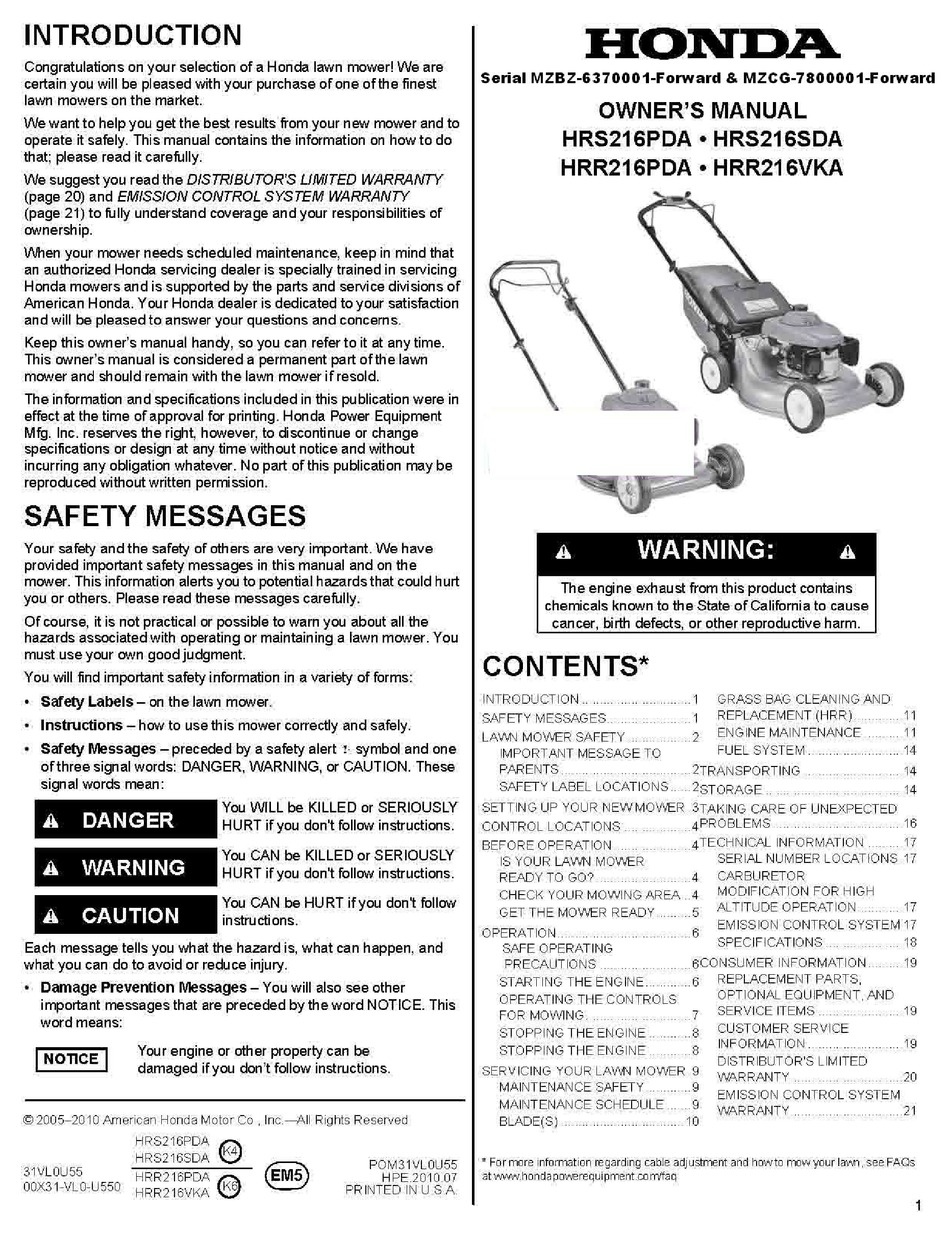 HONDA HRS216PDA USER MANUAL Pdf Download | ManualsLib