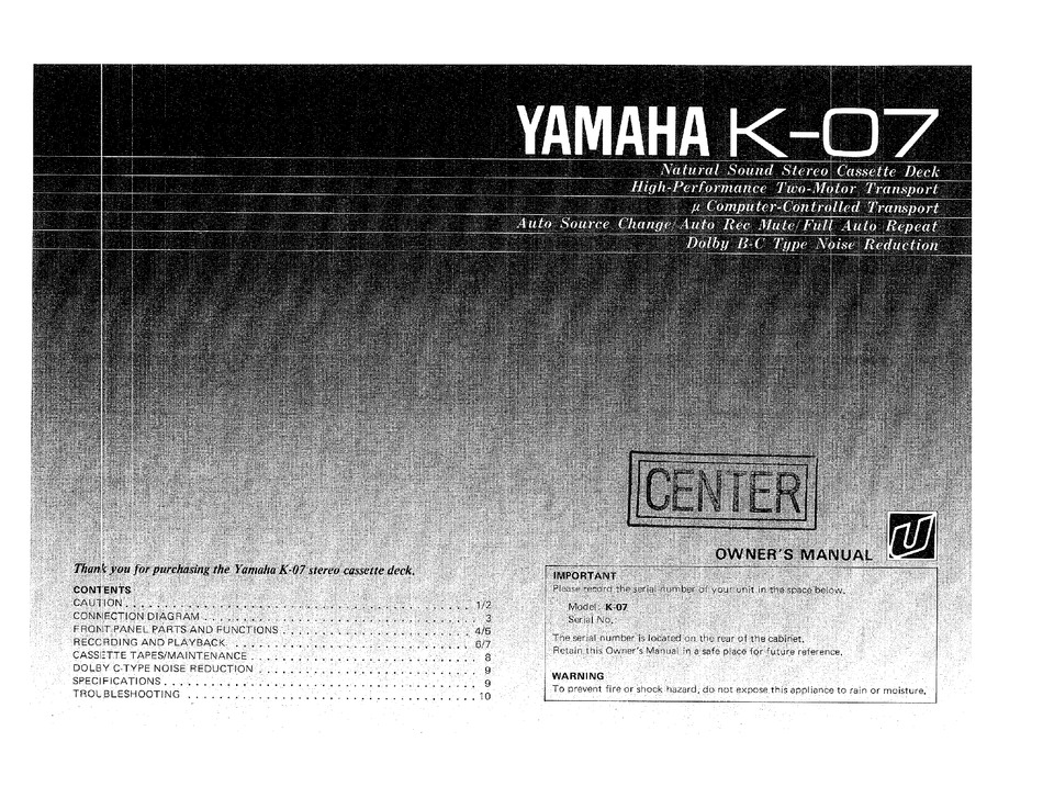 YAMAHA K-07 OWNER'S MANUAL Pdf Download | ManualsLib