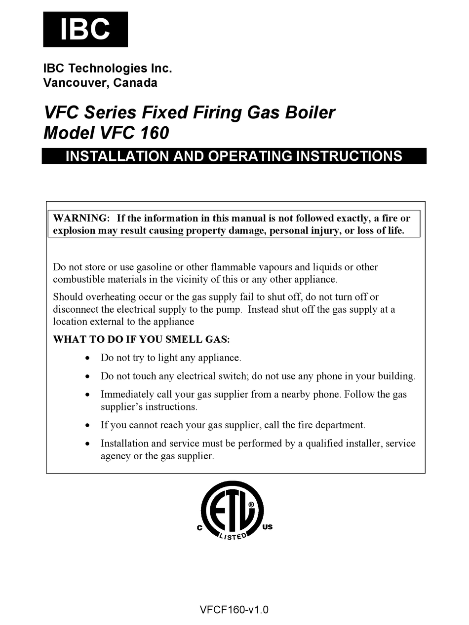 IBC TECHNOLOGIES VFC 160 INSTALLATION AND OPERATING INSTRUCTIONS MANUAL