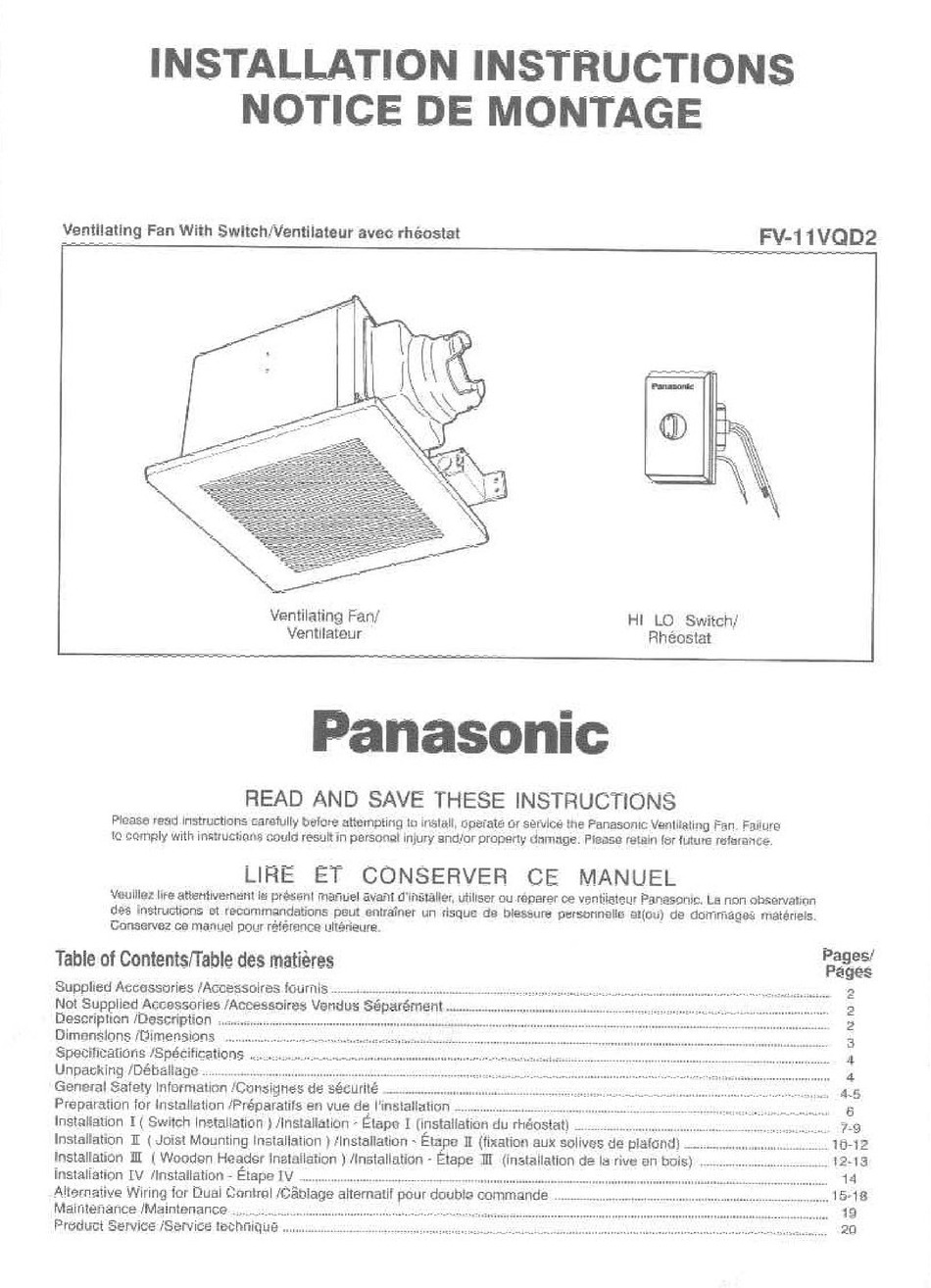 Panasonic Fv 11vqd2 Installation Instructions Manual Pdf Download Manualslib