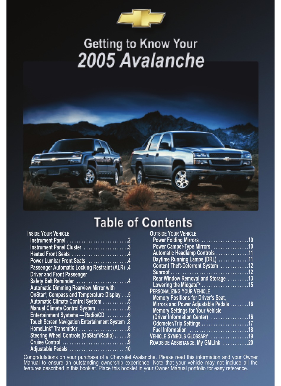 CHEVROLET AVALANCHE 2005 GETTING TO KNOW MANUAL Pdf Download | ManualsLib