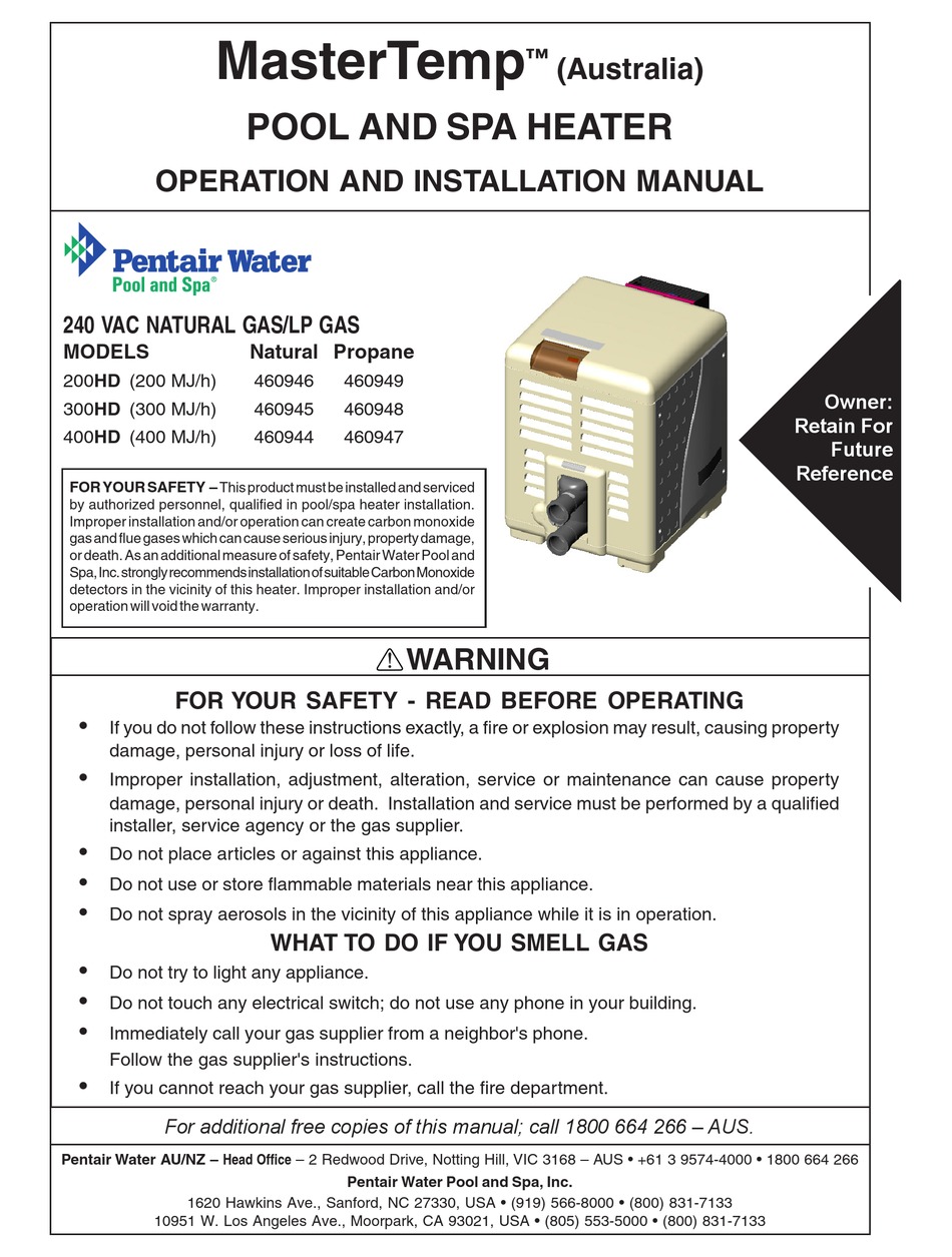 PENTAIR POOL PRODUCTS MASTERTEMP 200HD OPERATION AND INSTALLATION