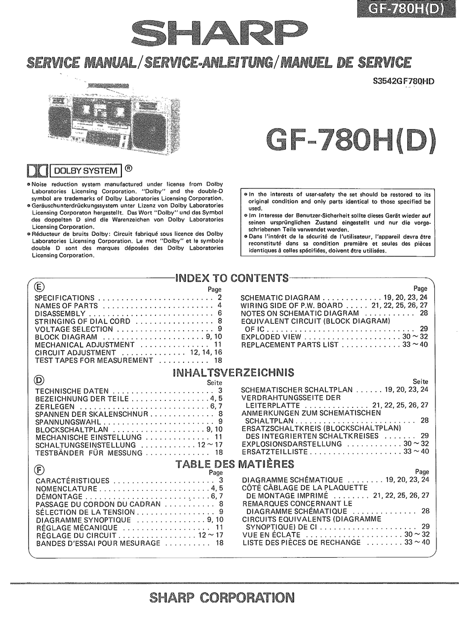 Sharp Service Manual for the GF-7850 Cassette Radio Boombox  Original 