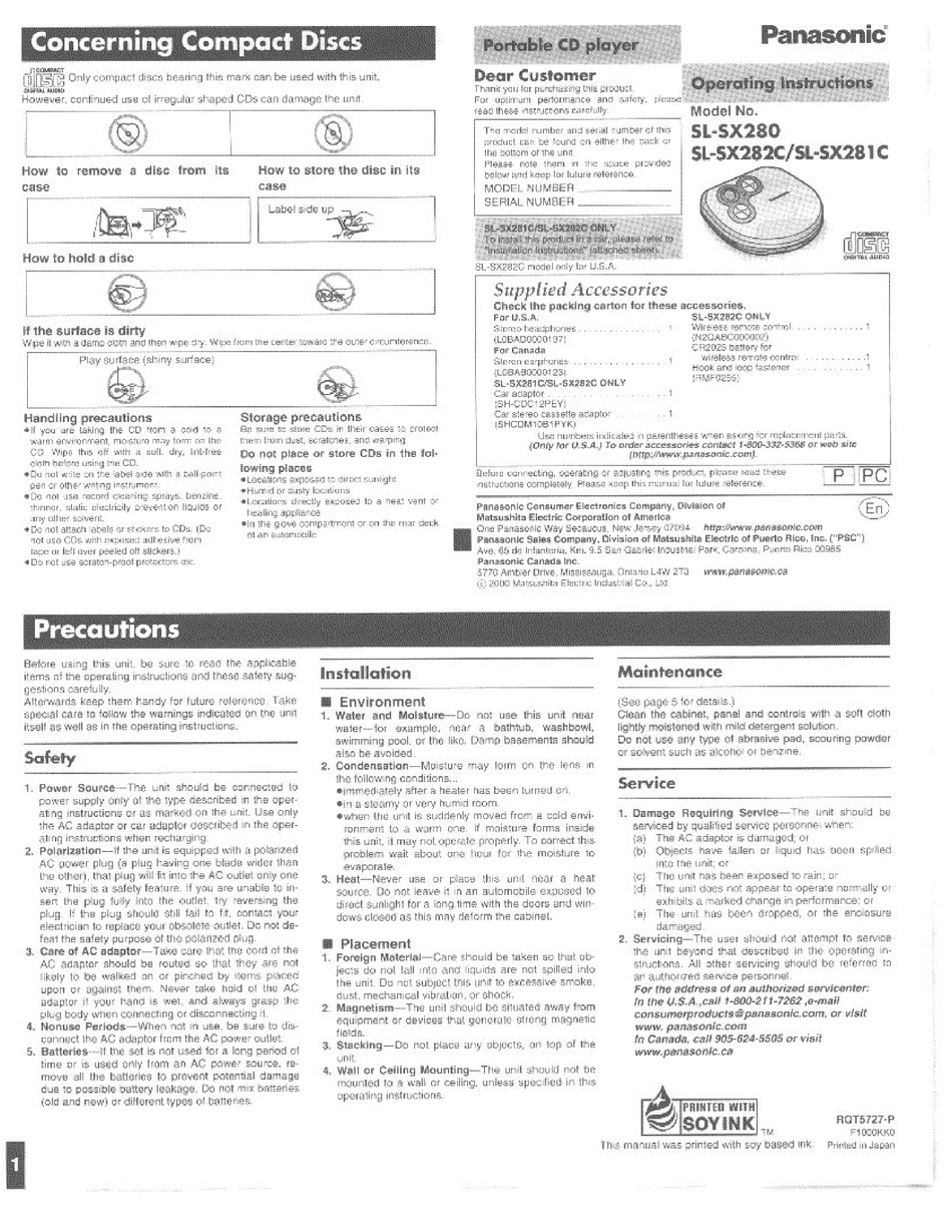 PANASONIC SLSX280 OPERATING INSTRUCTIONS MANUAL Pdf Download ManualsLib