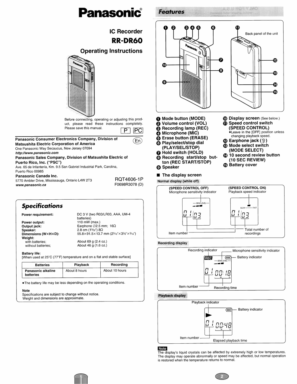Panasonic RR-DR60 Digital IC Recorder Printed Operating Instructions Manual EVP 