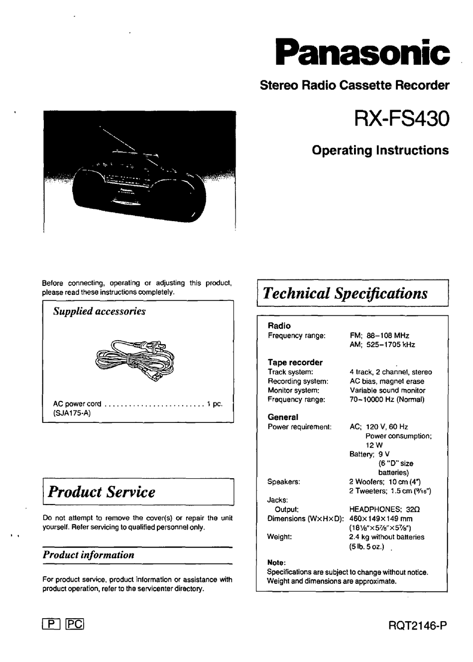 Panasonic RX-FS430 Stereo Radio Cassette Recorder
