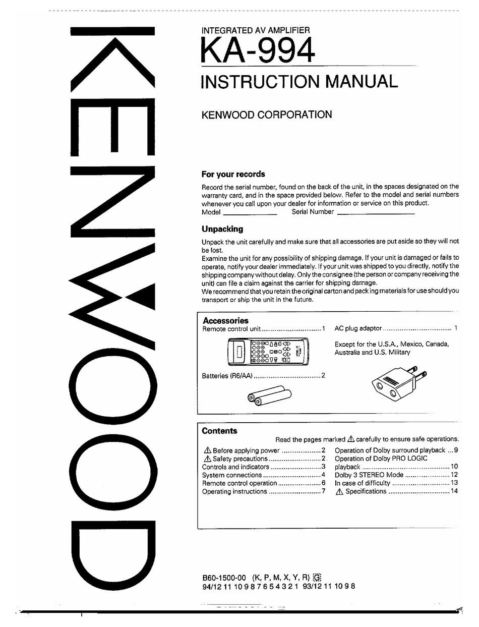 Kenwood Ka 994 Instruction Manual Pdf Download Manualslib