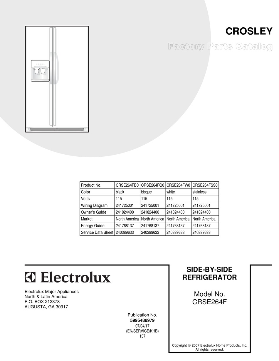 Electrolux Crse264fb0 Factory Parts Catalog Pdf Download Manualslib