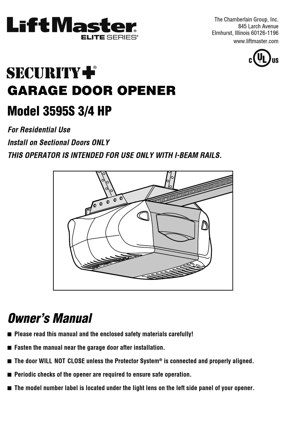 CHAMBERLAIN 3595S 3/4 HP OWNER'S MANUAL Pdf Download | ManualsLib