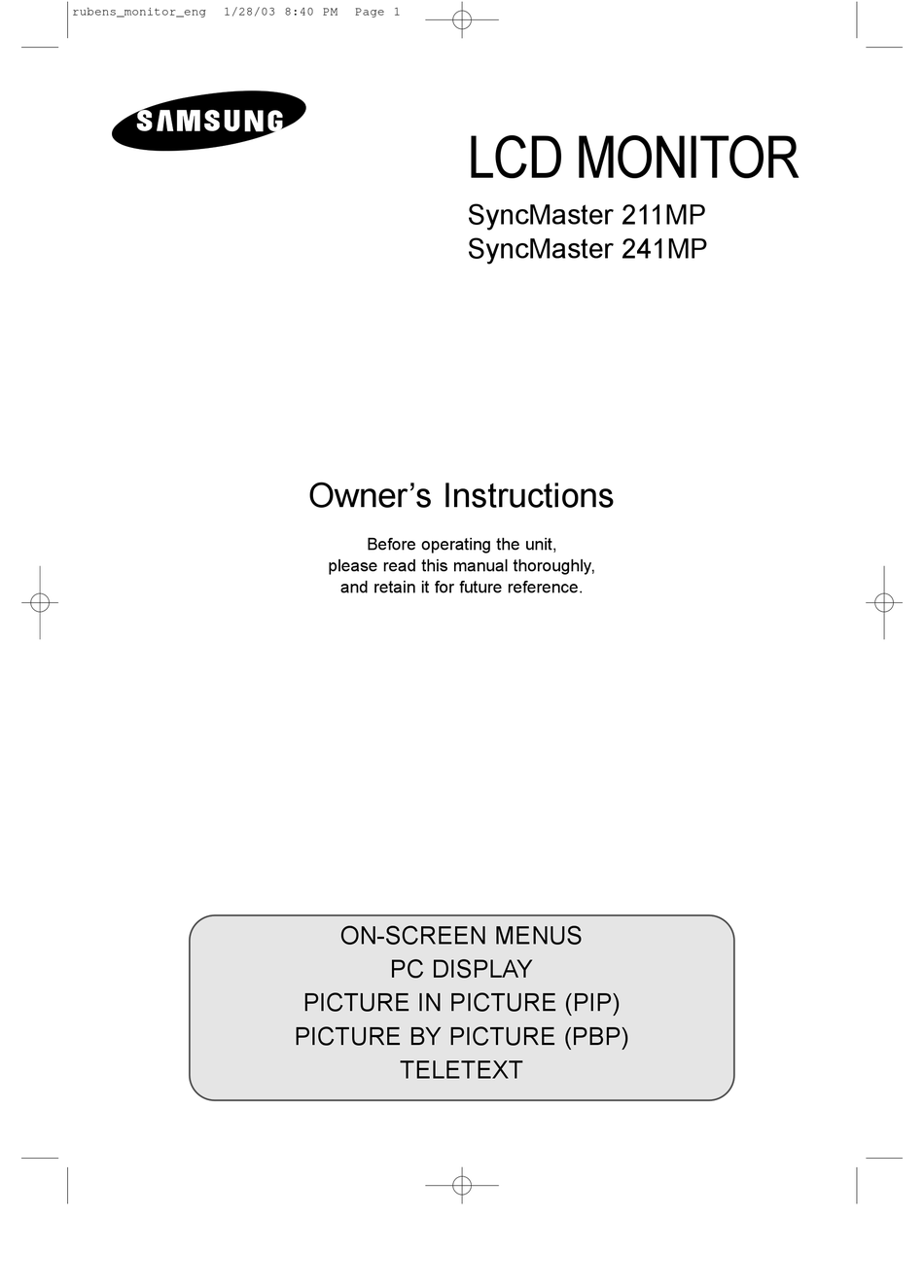 SAMSUNG SYNCMASTER 211MP OWNER'S INSTRUCTIONS MANUAL Pdf Download ...