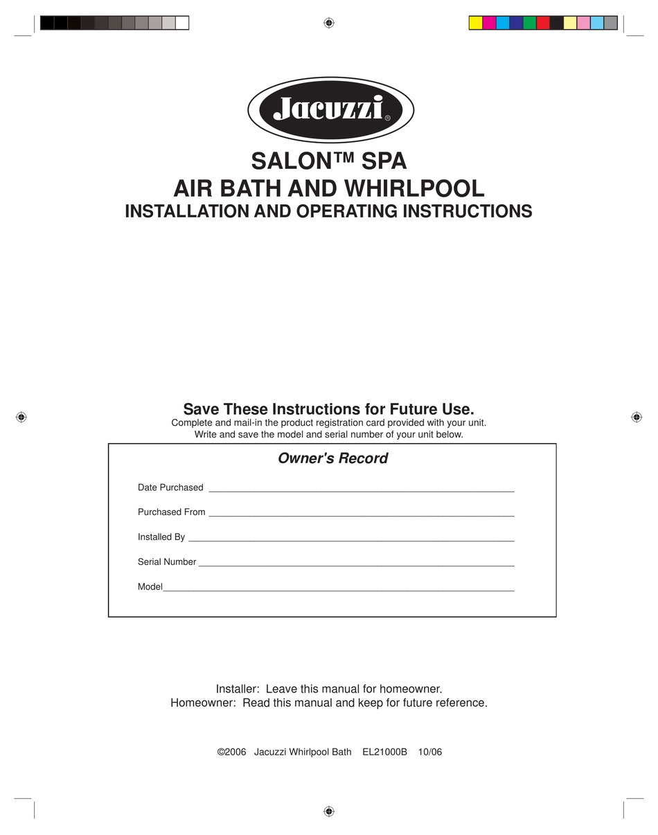 JACUZZI SALON INSTALLATION AND OPERATING INSTRUCTIONS MANUAL Pdf