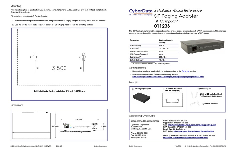 CYBERDATA 11233 INSTALLATION QUICK REFERENCE Pdf Download | ManualsLib