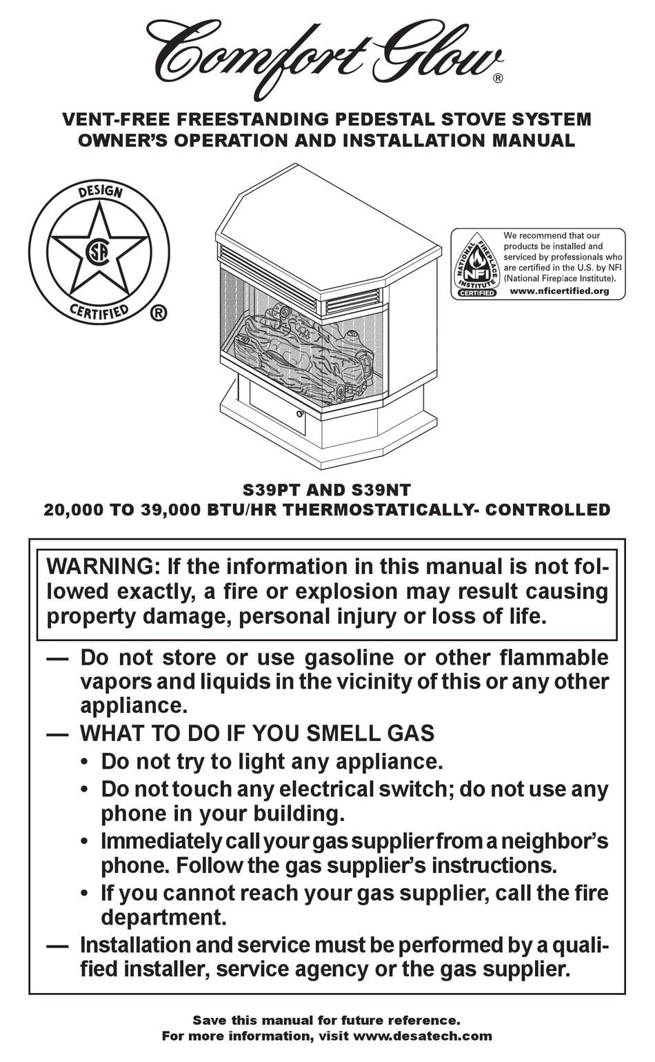 COMFORT GLOW S39PT OWNER'S OPERATION AND INSTALLATION MANUAL Pdf Download |  ManualsLib