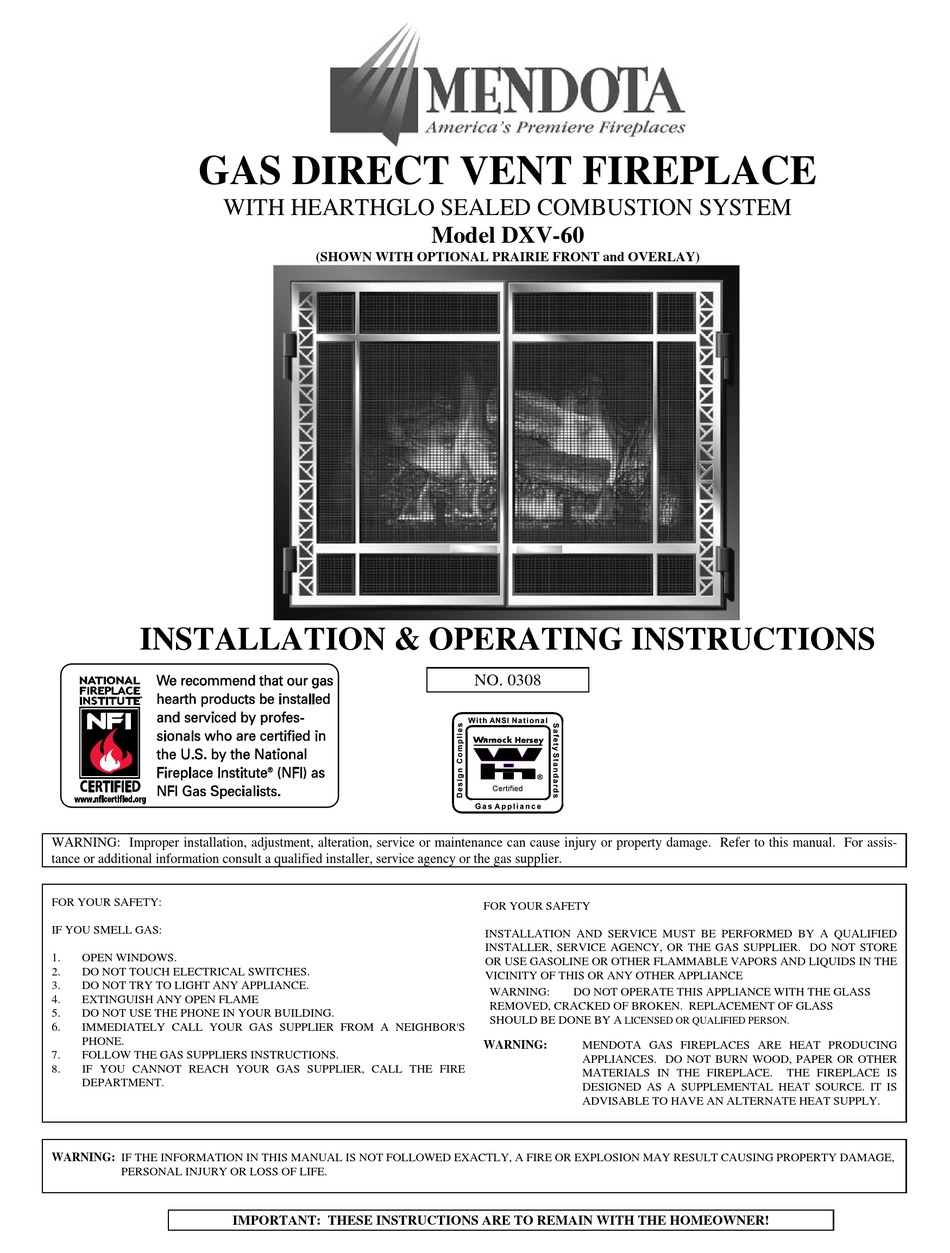 MENDOTA DXV-60 INSTALLATION & OPERATING INSTRUCTIONS MANUAL Pdf