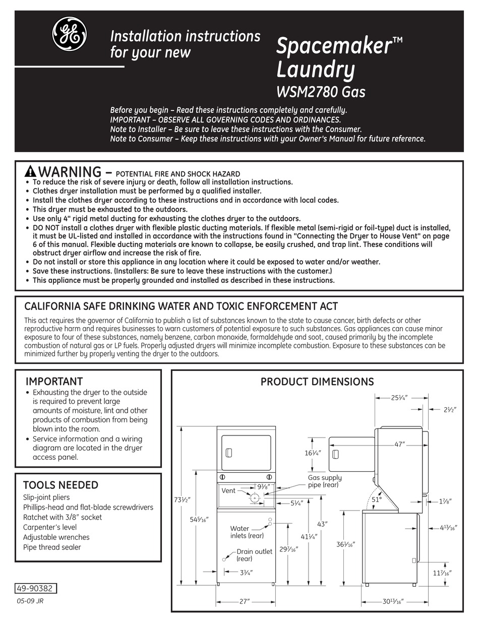 GE SPACEMAKER WSM2780 INSTALLATION INSTRUCTIONS MANUAL Pdf Download