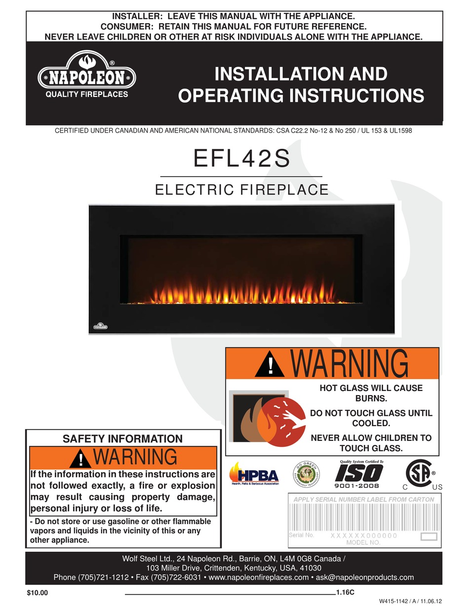 NAPOLEON EFL42S INSTALLATION AND OPERATING INSTRUCTIONS MANUAL Pdf