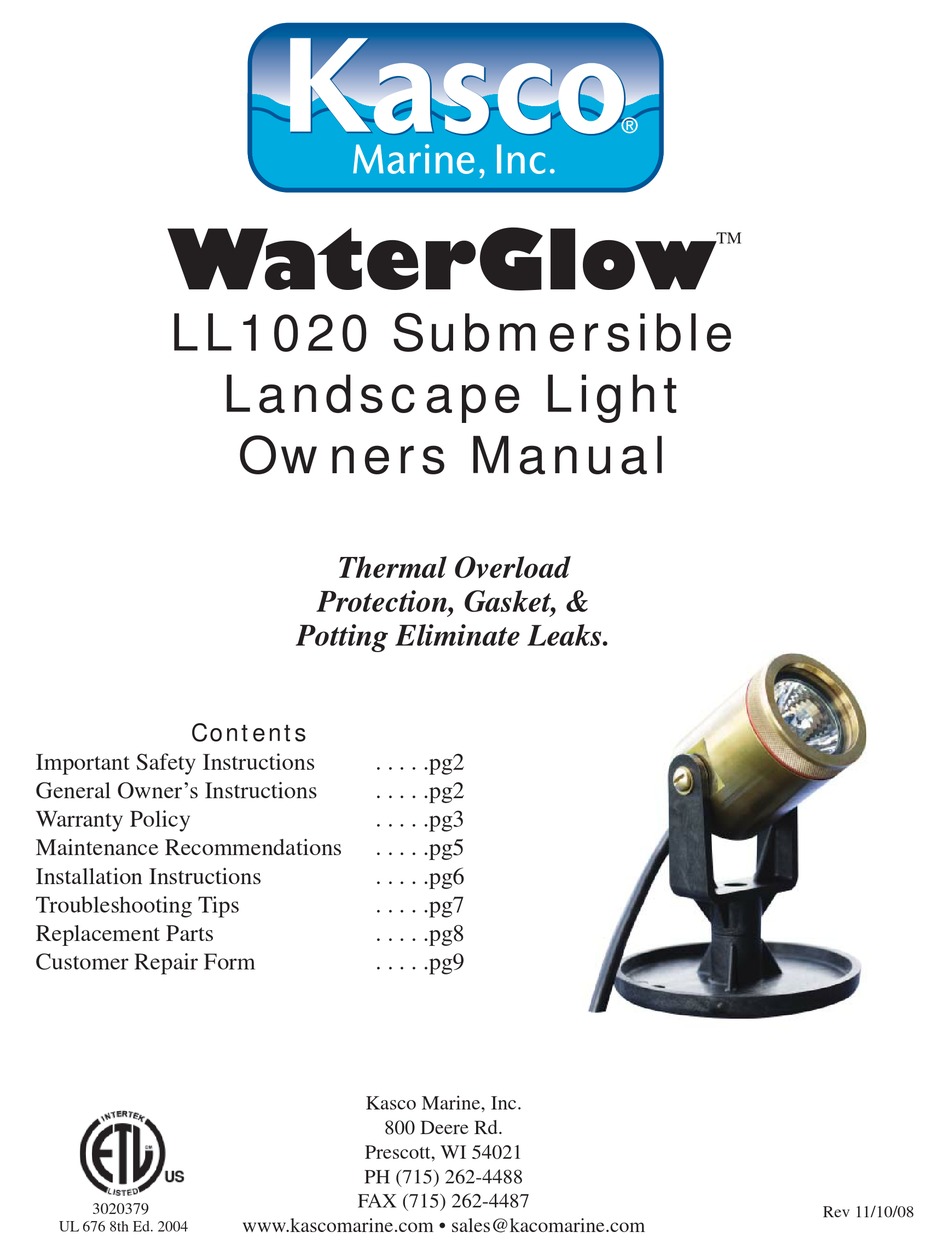 KASCO MARINE WATERGLOW LL1020 OWNER'S MANUAL Pdf Download | ManualsLib