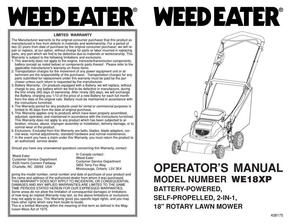WEED EATER WE18XP OPERATOR'S MANUAL Pdf Download ManualsLib