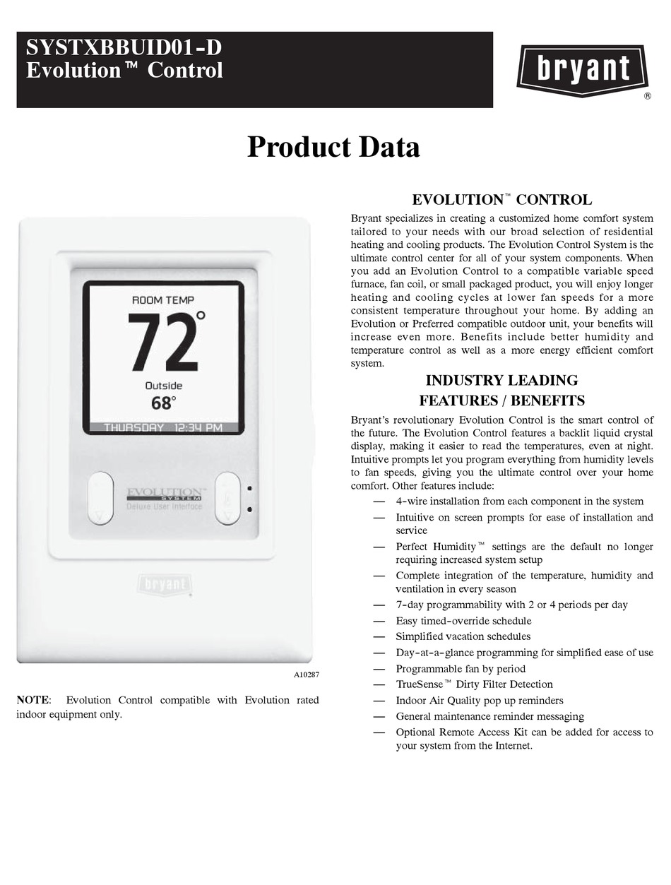 BRYANT EVOLUTION SYSTXBBUID01-D PRODUCT DATA Pdf Download | ManualsLib