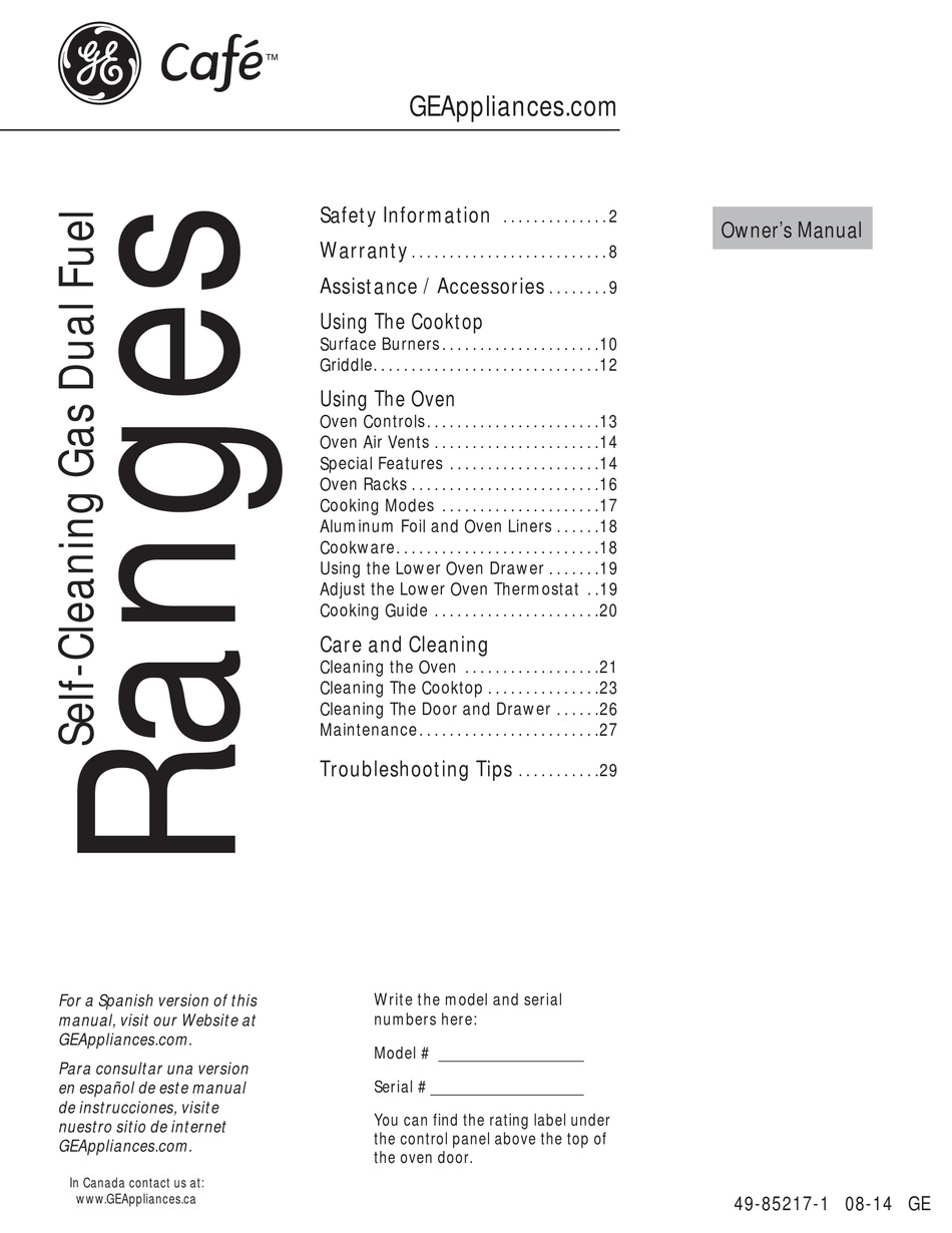 GE RANGES SELFCLEANING GAS DUAL FUEL OWNER'S MANUAL Pdf Download