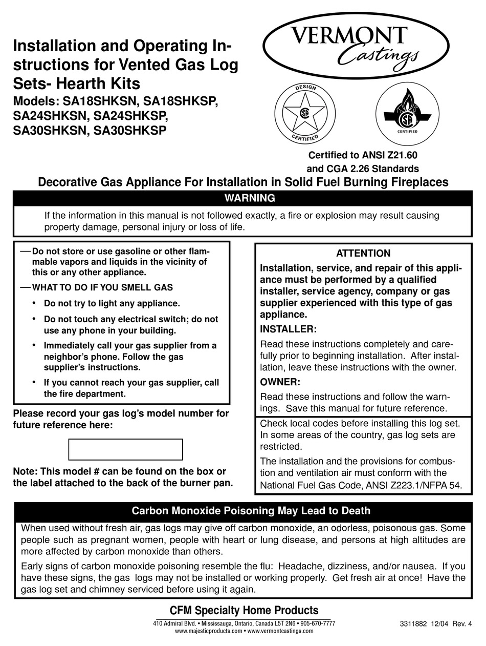 VERMONT CASTINGS SA18SHKSN INSTALLATION AND OPERATION INSTRUCTIONS